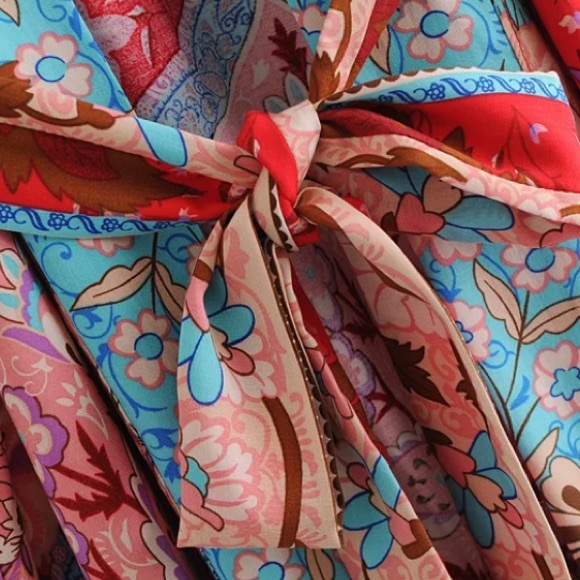 SOLD OUT Bohemian Red Peacock Floral Gypsy Kimono Long Maxi Coverup Duster Robe - Picture 6 of 11